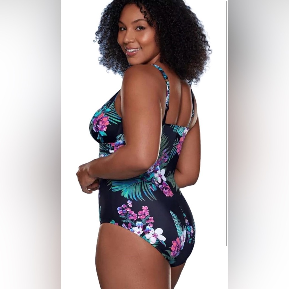 NWT Aqua Green Tropical Floral One Piece Swimsuit XL - Picture 3 of 9